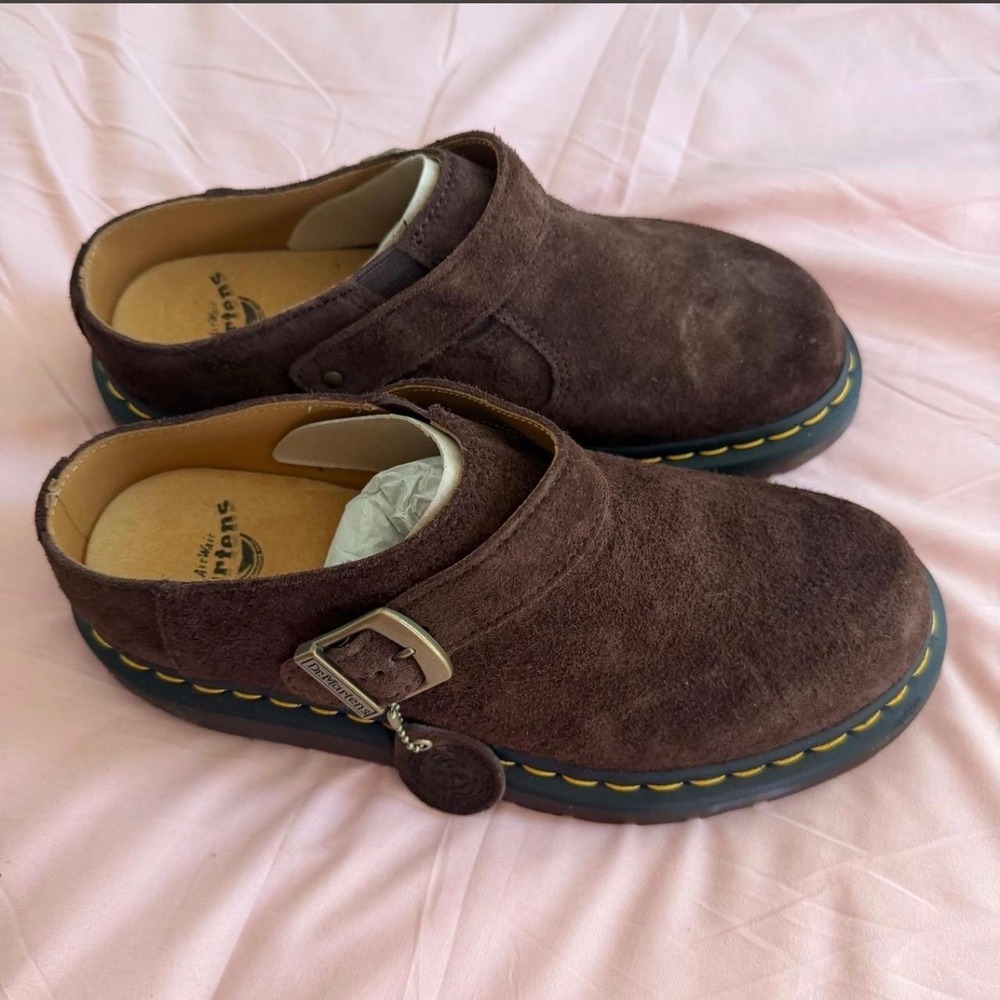 Dr. Martens Isham Dark Brown Suede Mules Clogs Buckle Strap 27959201 Mens 9 L 10 - Picture 6 of 8